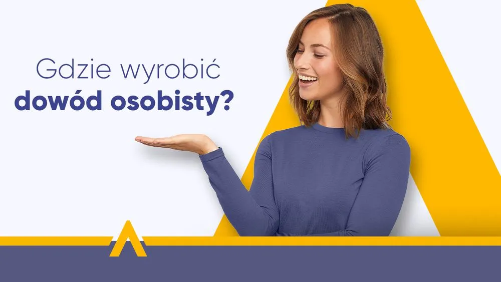 młoda kobieta w niebieskiej koszuli, która wskazuje dłonią na pytanie: „Gdzie wyrobić dowód osobisty?”